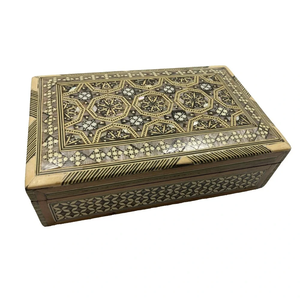 Vtg Inlaid Wood and Mother Of Pearl Wood Jewelry Israel Trinket Box 7.75 x 4.85